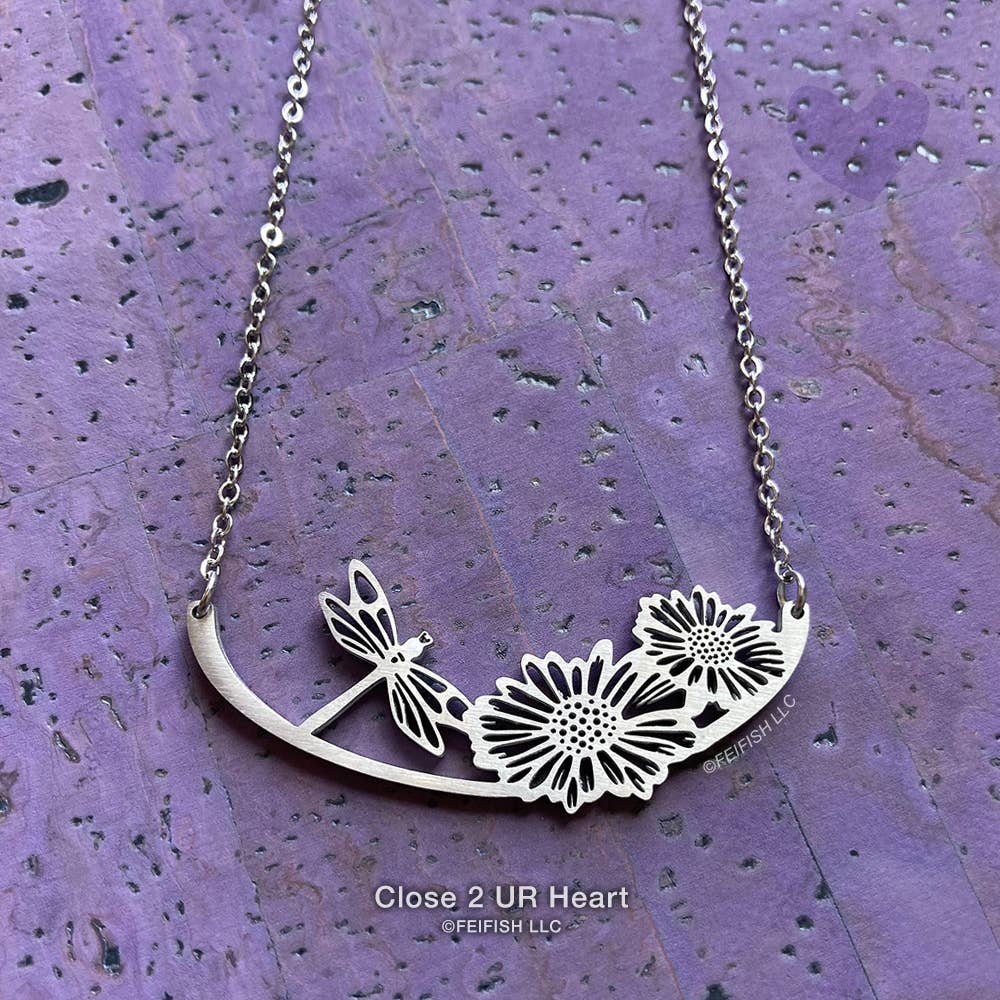 Close 2 UR Heart Dragonfly with Flowers Necklace