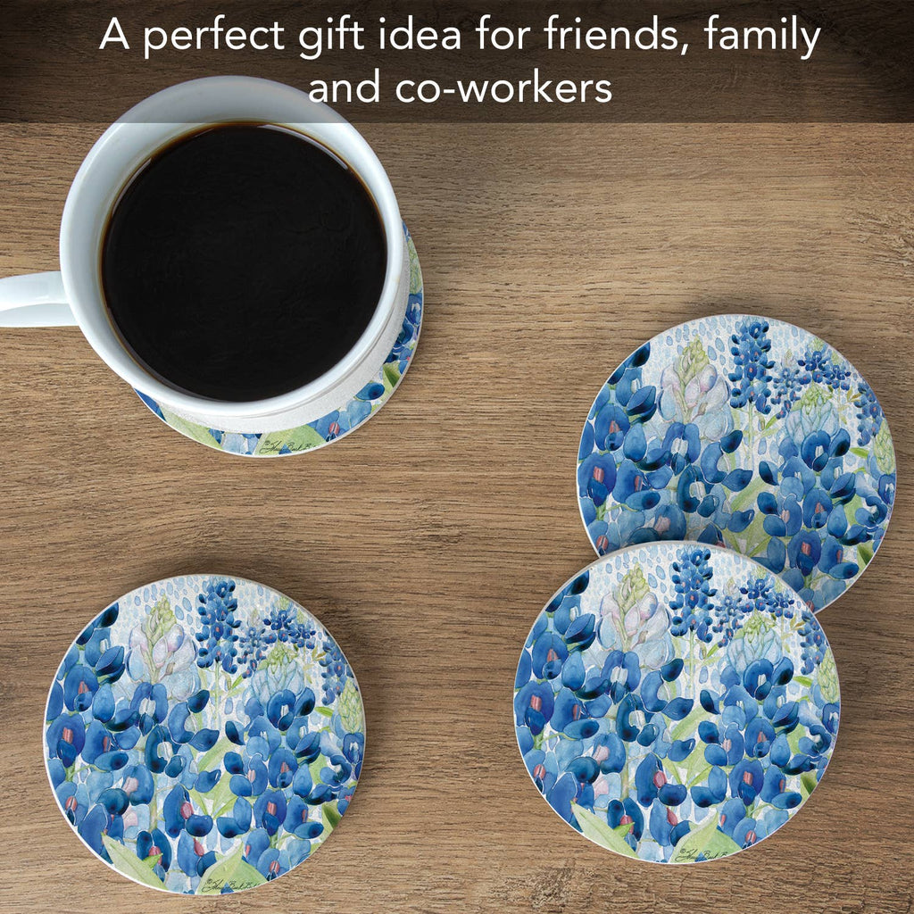 "Bluebonnet Field" 4pk Round Natural Sandstone Coaster