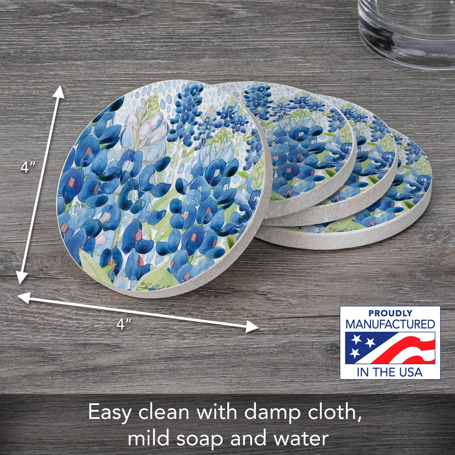"Bluebonnet Field" 4pk Round Natural Sandstone Coaster
