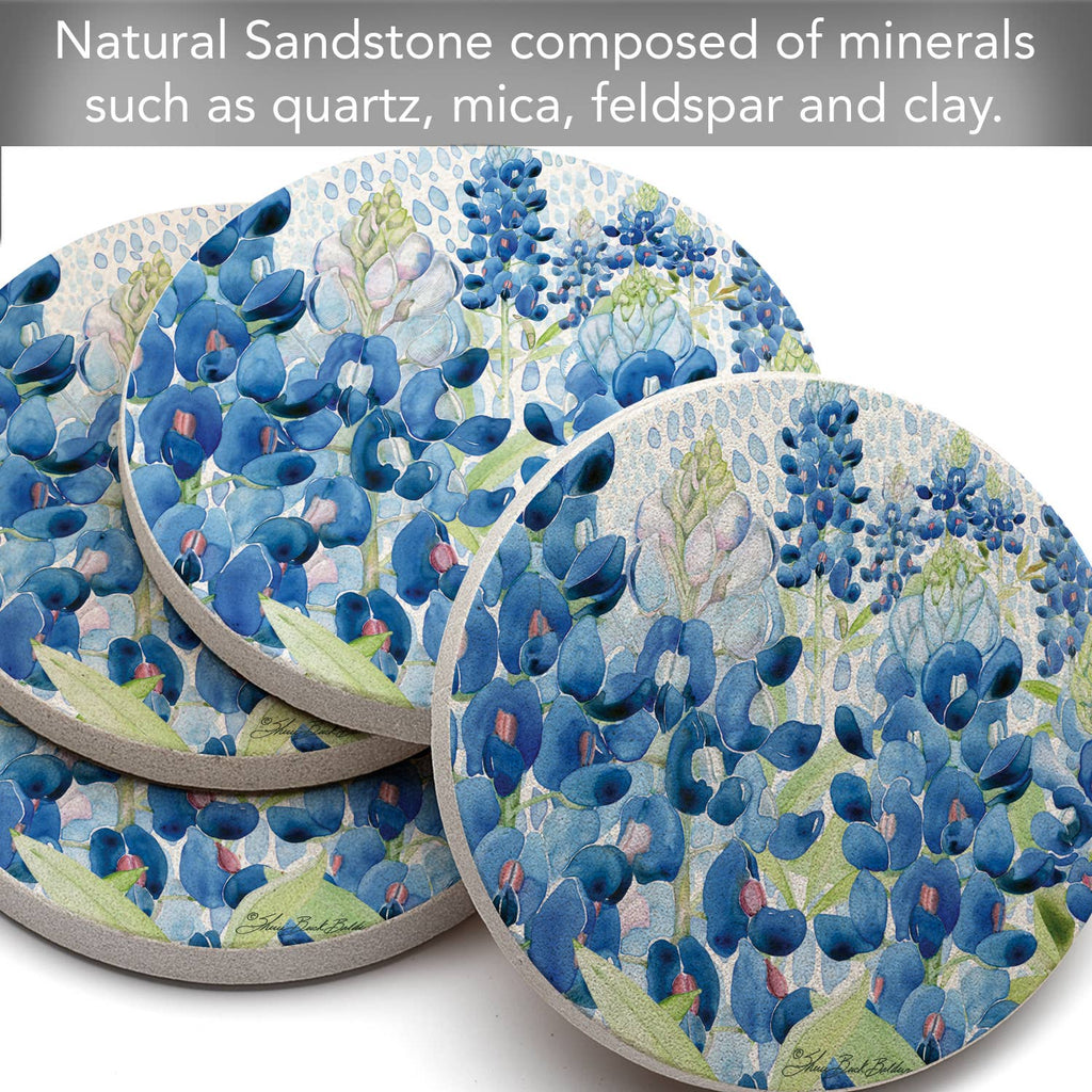 "Bluebonnet Field" 4pk Round Natural Sandstone Coaster