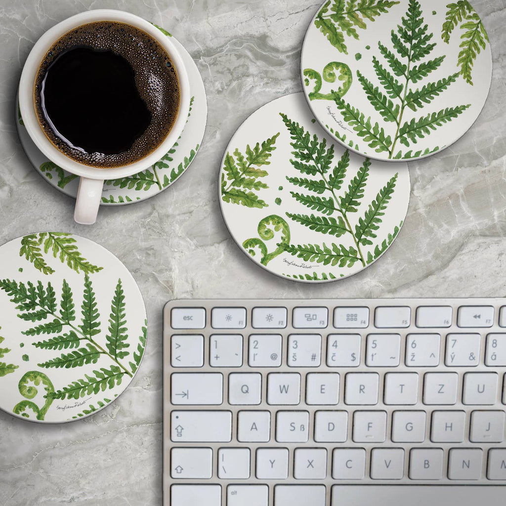 "Ferns II" 4 Pack Round Absorbent Stone Coasters