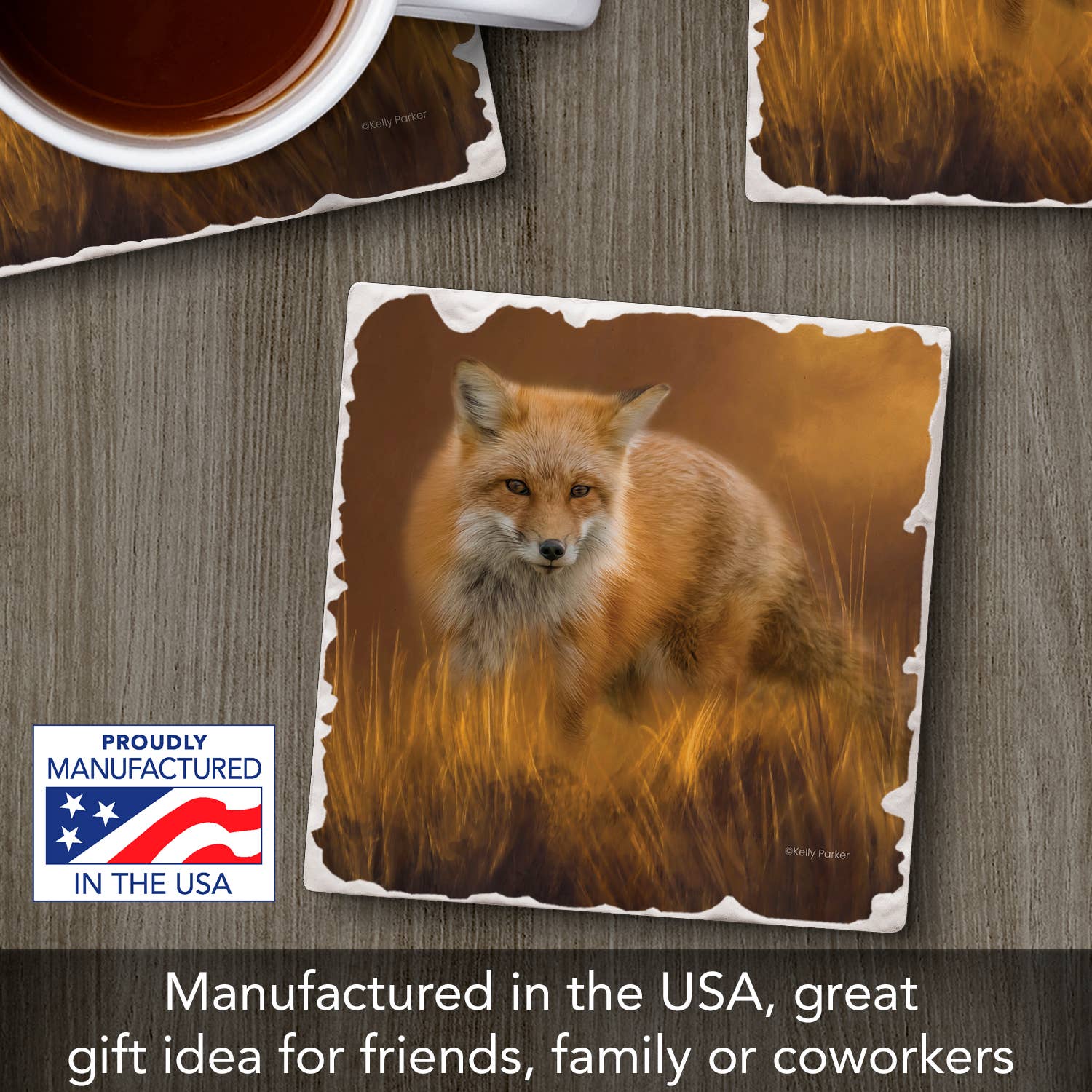 "Fox In The Grass" Single Tumbled Tile Coaster