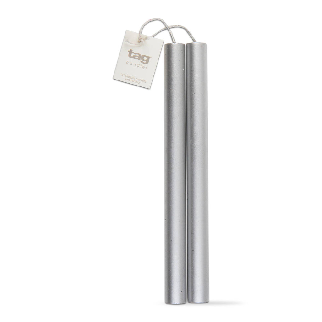 10" Straight Metallic Candles Set of 2 Silver Paraffin