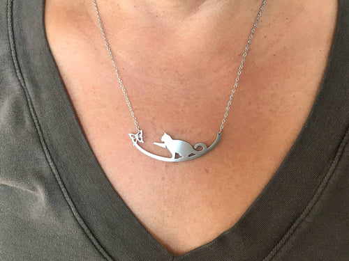 Cat with Butterfly Stainless Steel Necklace