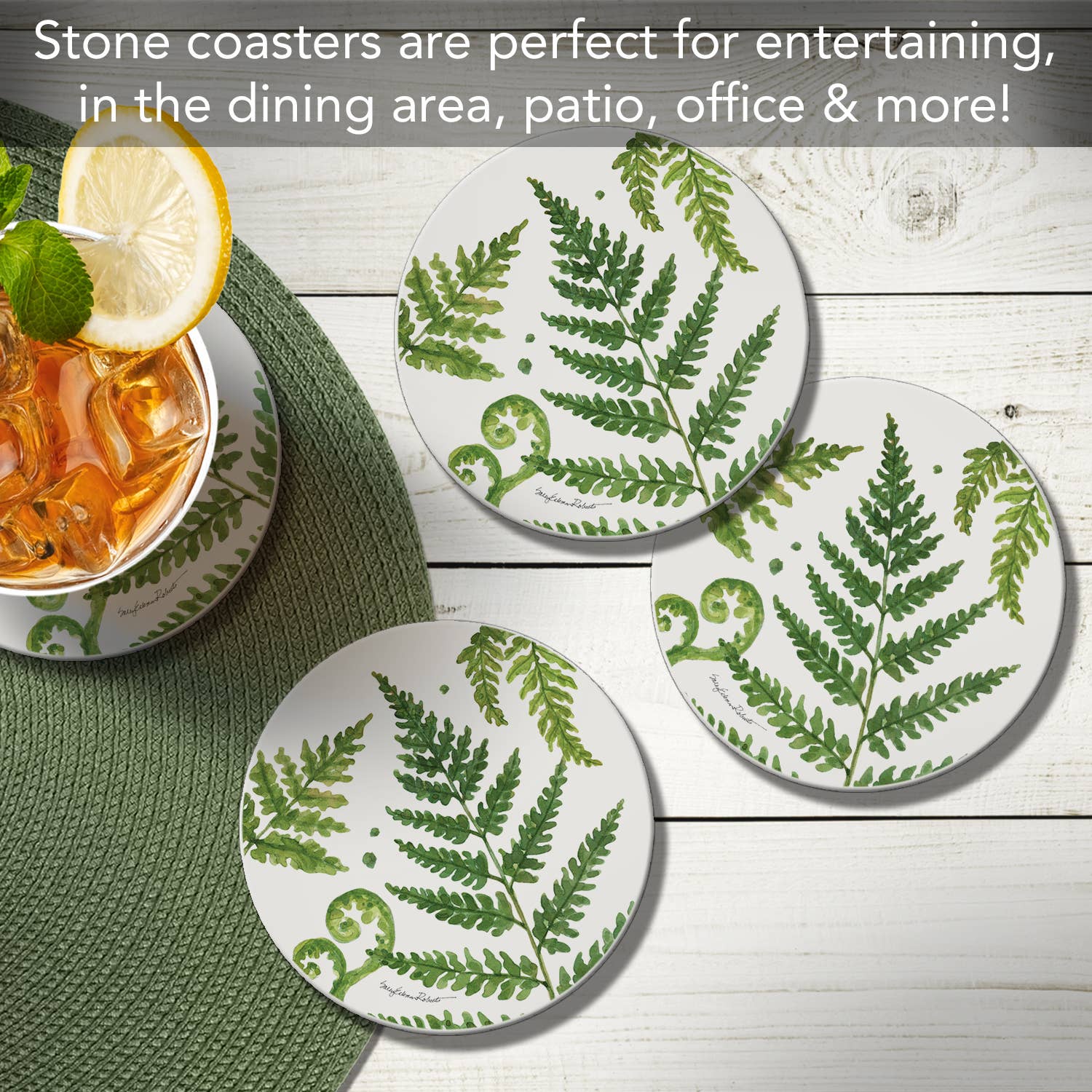 "Ferns II" 4 Pack Round Absorbent Stone Coasters