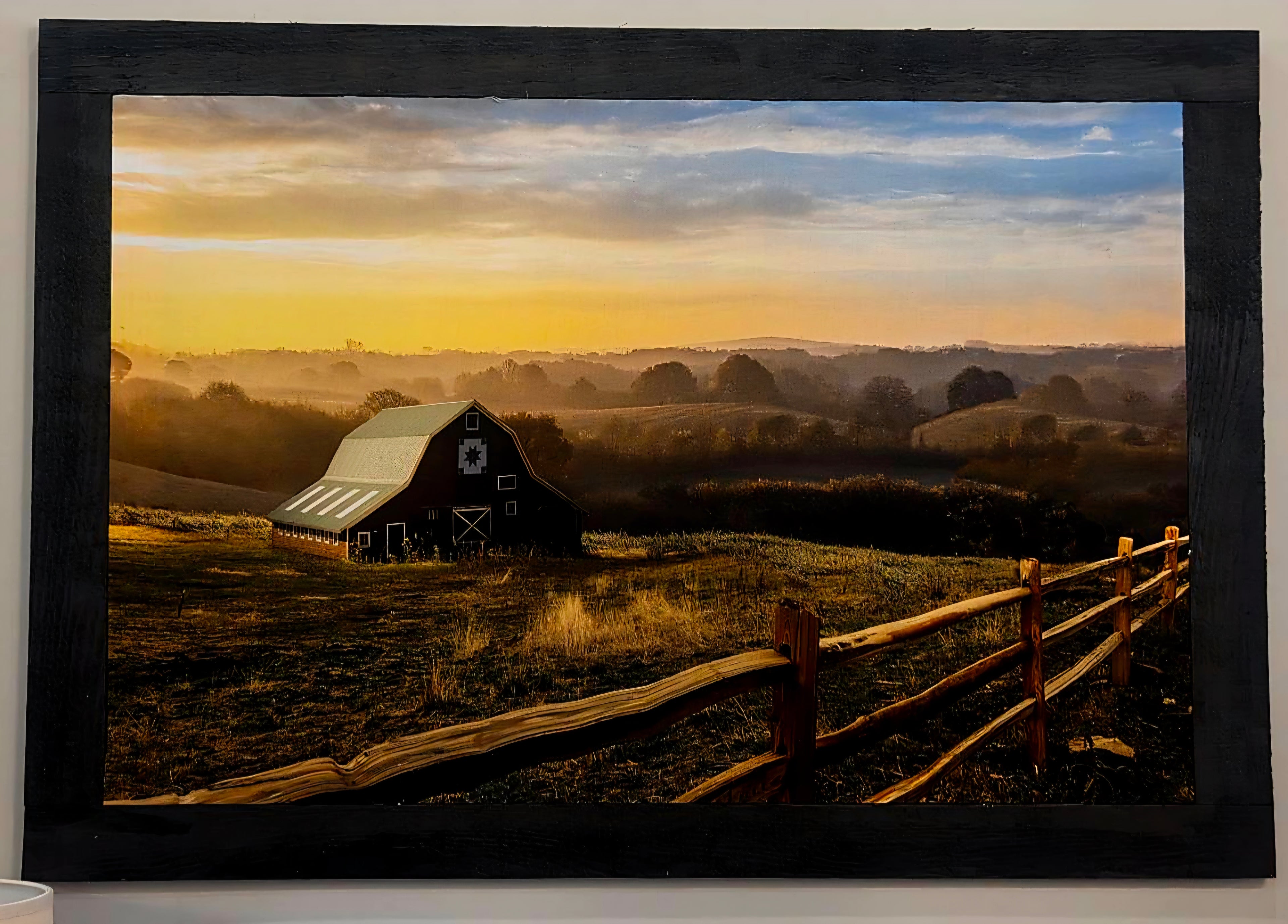 Field and Barn Sunrise Art on Fabric